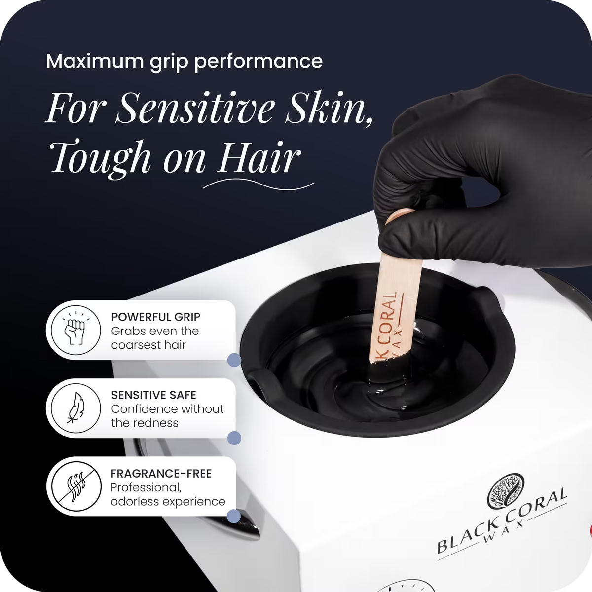 Black Coral hard wax application with spatula – maximum grip performance, gentle on sensitive skin, odor-free formula