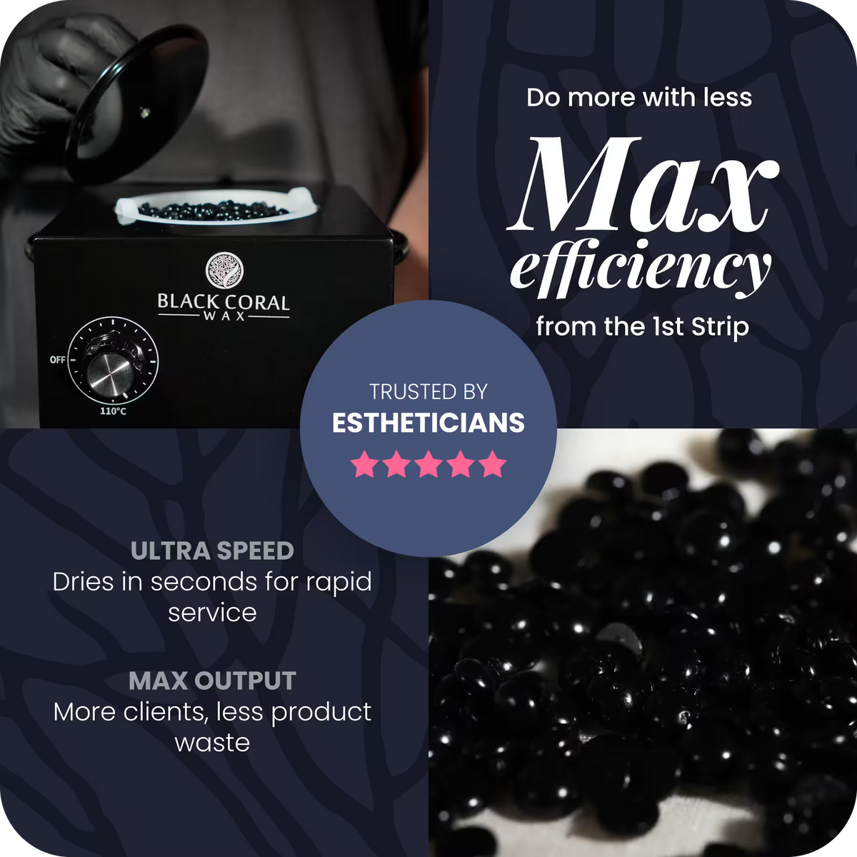 Black Coral Wax warmer with hard wax beads – ultra-fast drying, maximum efficiency, trusted by estheticians