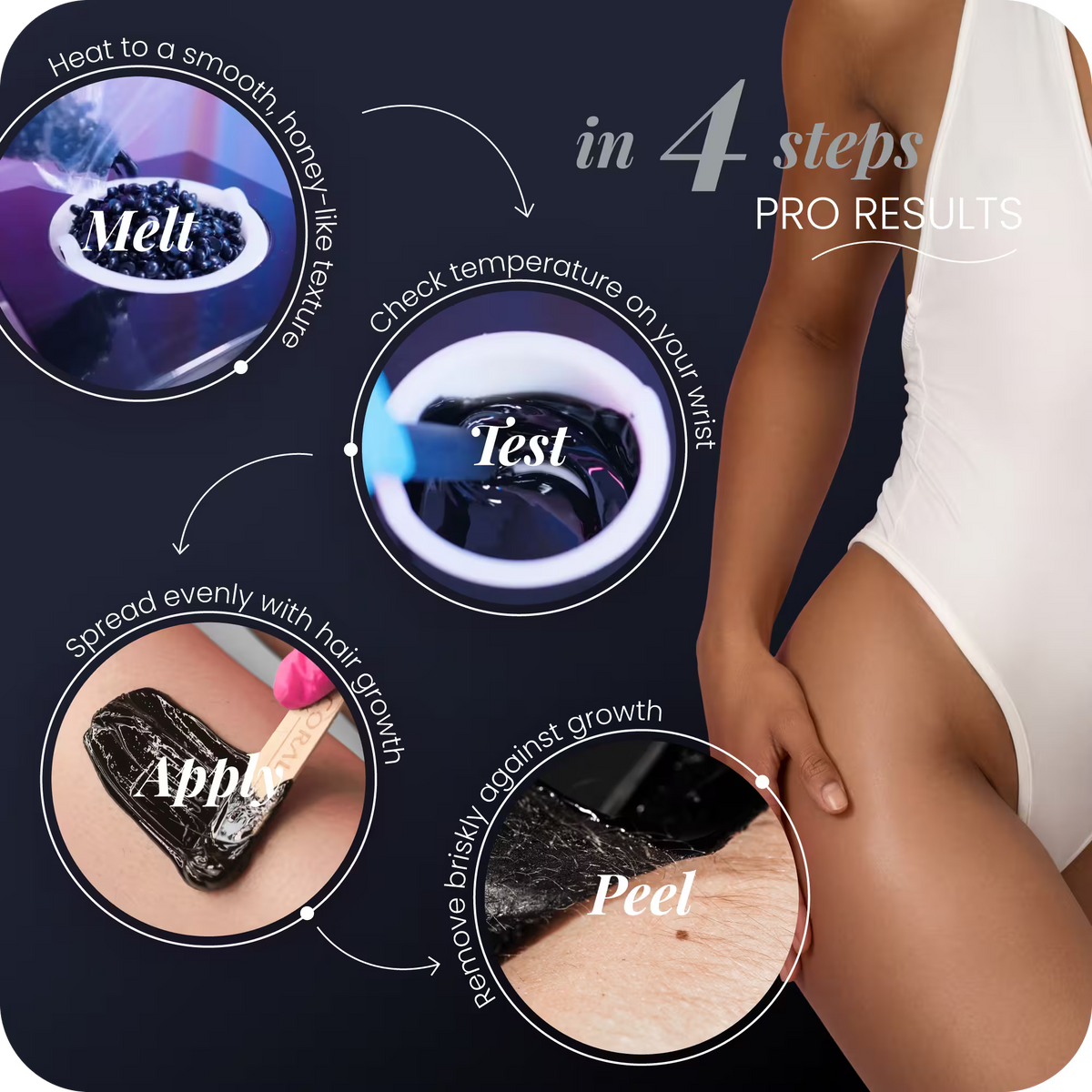 How to use Black Coral Hard Wax – 4 steps: melt, test temperature, apply with hair growth, peel against growth