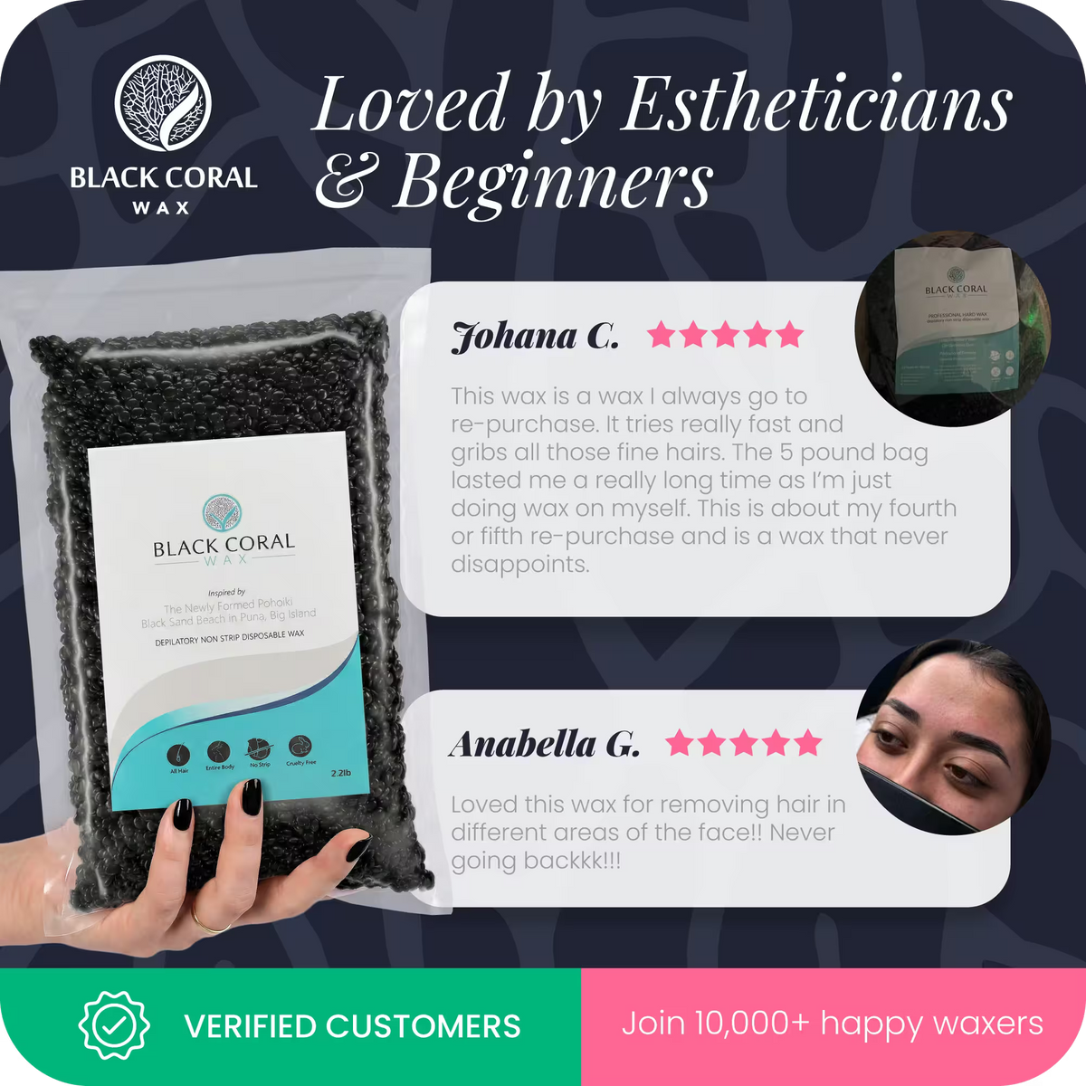 Black Coral wax customer testimonials – fast-drying, grips fine hairs, repurchased multiple times, 5-star rated