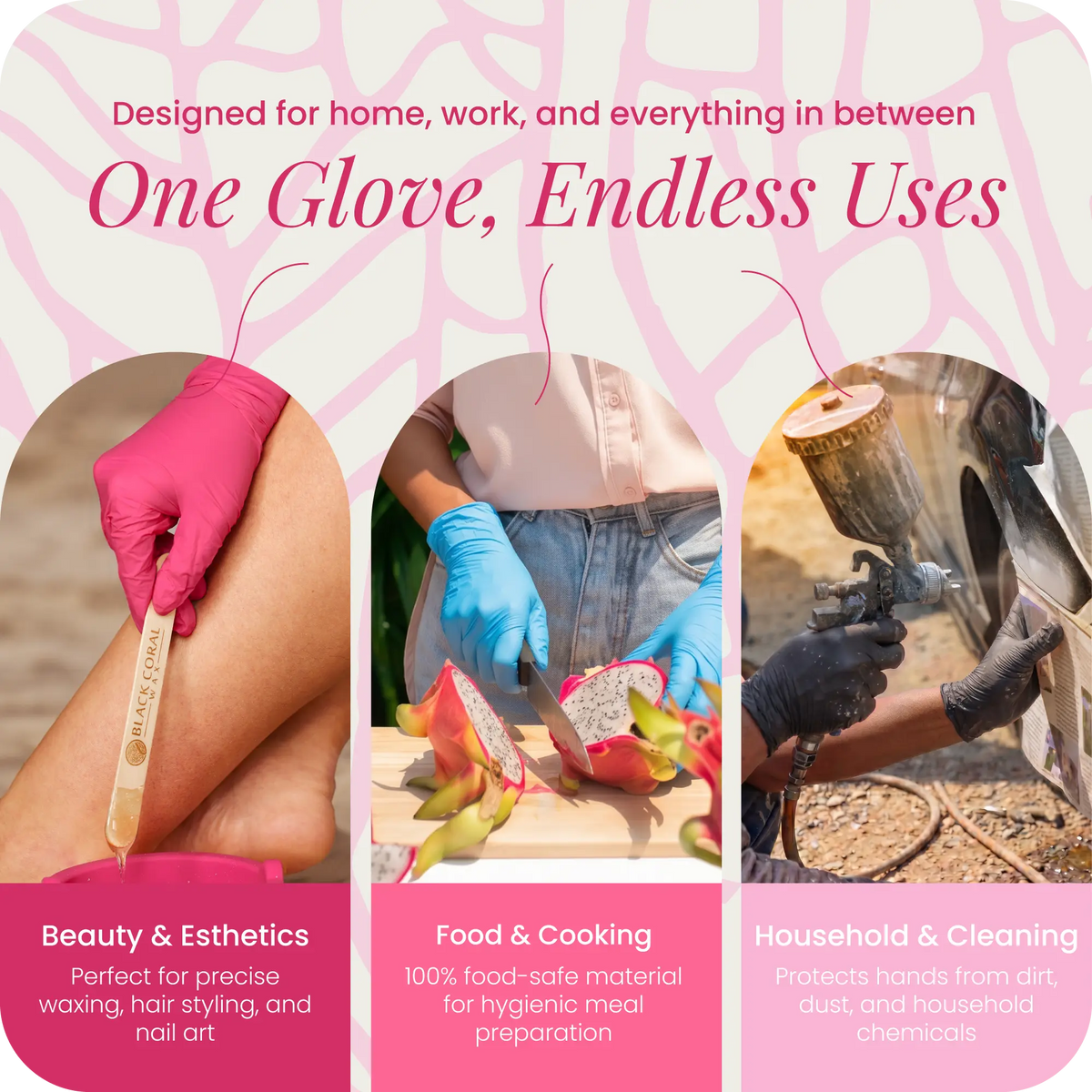 Three images feature Black Coral Wax USA’s Nitrile Gloves 100pcs – Powder-Free & Latex-Free Disposable Gloves, used for leg waxing, slicing dragon fruit, and cleaning a tire with a spray gun. The pink background with text overlays highlights the gloves’ versatility for beauty treatments, food preparation, and household cleaning.