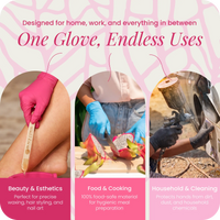 Three images feature Black Coral Wax USA’s Nitrile Gloves 100pcs – Powder-Free & Latex-Free Disposable Gloves, used for leg waxing, slicing dragon fruit, and cleaning a tire with a spray gun. The pink background with text overlays highlights the gloves’ versatility for beauty treatments, food preparation, and household cleaning.