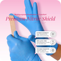 A person wearing Black Coral Wax USA Nitrile Gloves 100pcs—powder-free, latex-free disposable gloves—files their nails with a wooden nail file. Text highlights the gloves’ extreme durability and textured fingertips for enhanced grip, set against a pink gradient background.