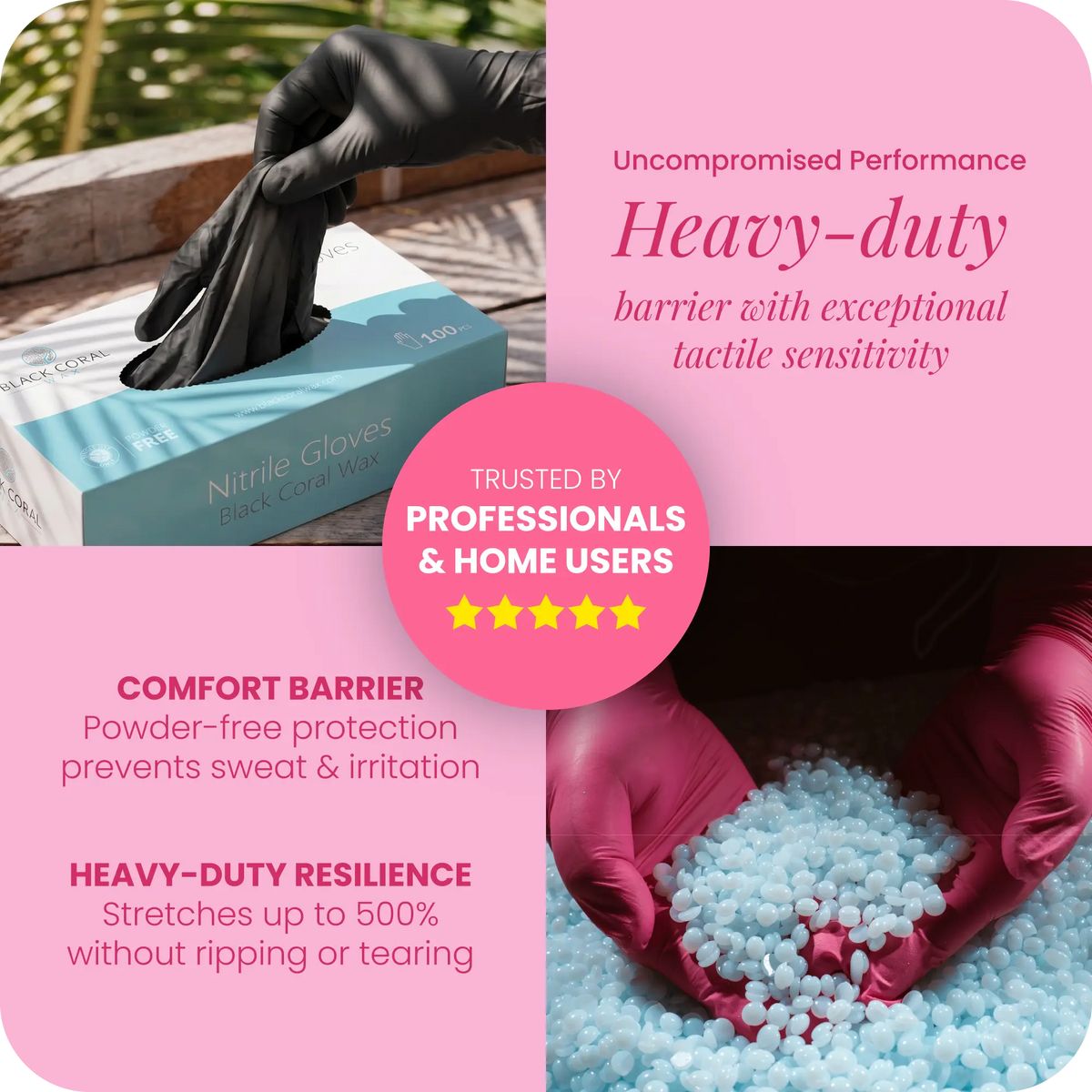 Collage of gloved hands wearing Black Coral Wax USA Nitrile Gloves 100pcs – Powder-Free & Latex-Free Disposable Gloves and handling wax pellets, with text showcasing heavy-duty performance, comfort, resilience, and trusted use by both professionals and home users.