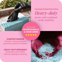 Collage of gloved hands wearing Black Coral Wax USA Nitrile Gloves 100pcs – Powder-Free & Latex-Free Disposable Gloves and handling wax pellets, with text showcasing heavy-duty performance, comfort, resilience, and trusted use by both professionals and home users.