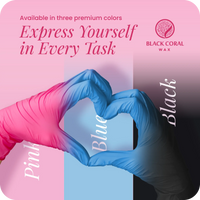 Two gloved hands—one pink, one blue—form a heart shape against a background divided into pink, blue, and black sections. Text reads "Express Yourself in Every Task" and promotes Black Coral Wax USA’s Nitrile Gloves 100pcs—Powder-Free & Latex-Free Disposable Gloves—in three colors.