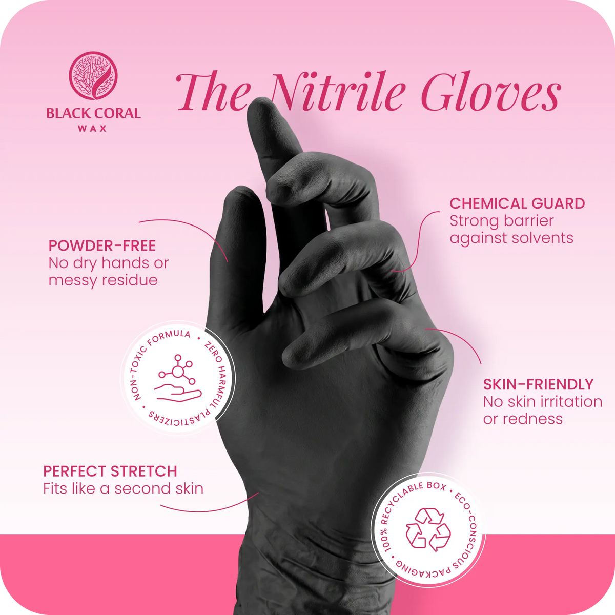 A box of "Nitrile Gloves 100pcs - Powder-Free & Latex-Free Disposable Gloves" by Black Coral Wax USA is featured, with text calling out key benefits: powder-free, chemical protection, skin-friendly material, and optimal stretch. Branding elements and eco-friendly packaging icons accompany the disposable gloves, all set against a pink background.