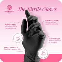 A box of "Nitrile Gloves 100pcs - Powder-Free & Latex-Free Disposable Gloves" by Black Coral Wax USA is featured, with text calling out key benefits: powder-free, chemical protection, skin-friendly material, and optimal stretch. Branding elements and eco-friendly packaging icons accompany the disposable gloves, all set against a pink background.