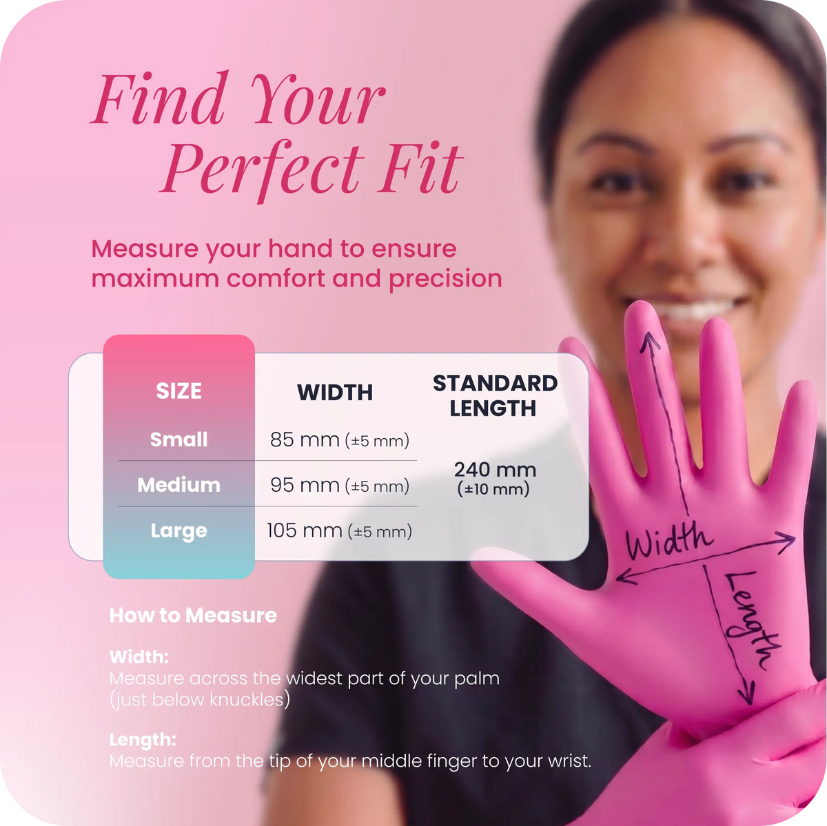 A woman smiles in the background as pink-gloved hands show width and length measurements. A chart provides glove sizes (small, medium, large) with corresponding hand widths and standard length, illustrating the fit of Black Coral Wax USA Nitrile Gloves 100pcs—powder-free and latex-free disposable gloves—for comfortable use.