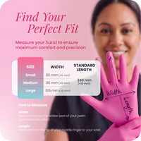 A woman smiles in the background as pink-gloved hands show width and length measurements. A chart provides glove sizes (small, medium, large) with corresponding hand widths and standard length, illustrating the fit of Black Coral Wax USA Nitrile Gloves 100pcs—powder-free and latex-free disposable gloves—for comfortable use.
