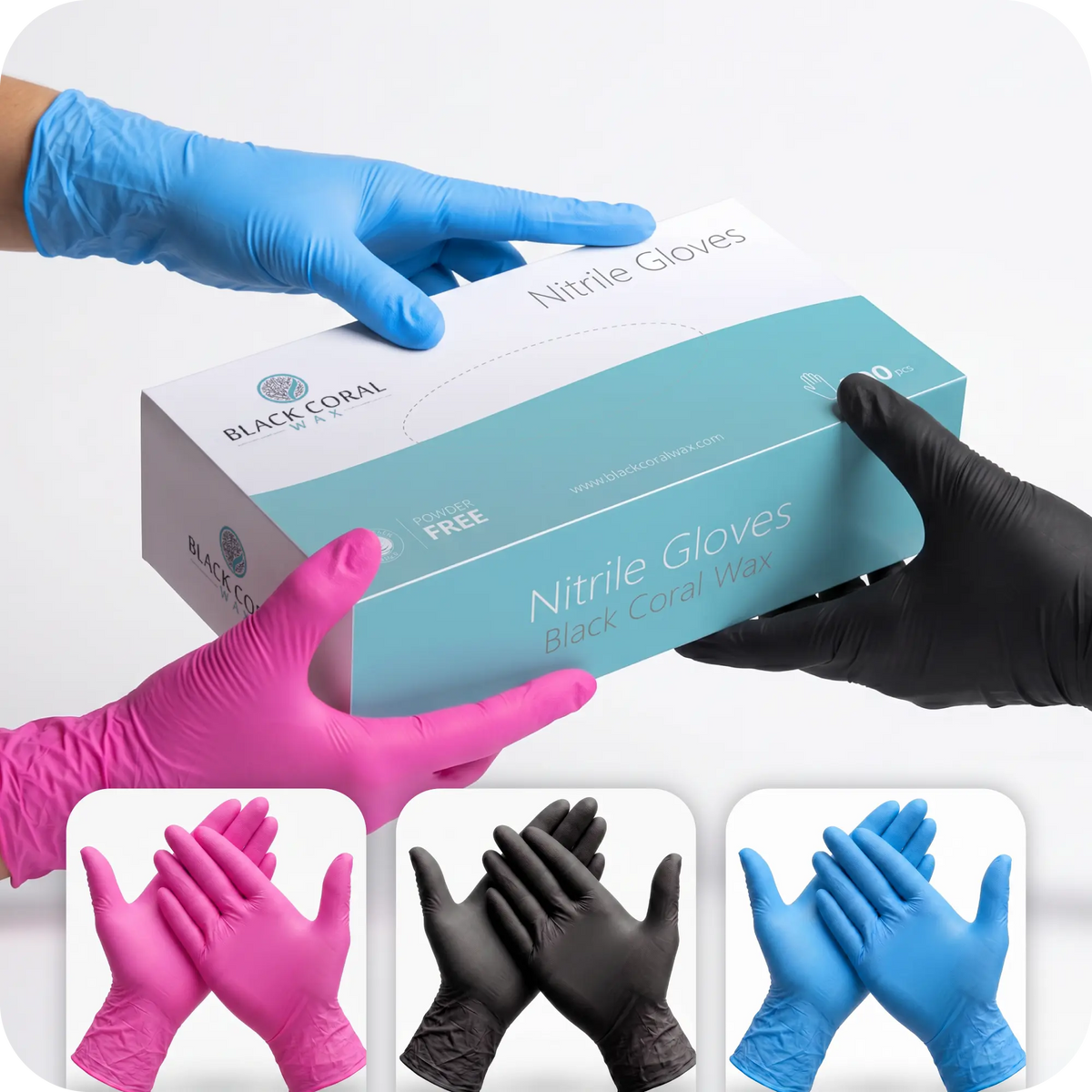 A person in blue gloves hands a box of Black Coral Wax USA Nitrile Gloves 100pcs - Powder-Free & Latex-Free Disposable Gloves to another wearing black gloves; below are images showing hands in pink, black, and blue disposable gloves.
