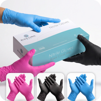 A person in blue gloves hands a box of Black Coral Wax USA Nitrile Gloves 100pcs - Powder-Free & Latex-Free Disposable Gloves to another wearing black gloves; below are images showing hands in pink, black, and blue disposable gloves.