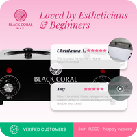 A promo image for Black Coral Wax USA’s Double (2x1lb) Wax Warmer shows customer reviews praising its ease of use and temperature control, with a photo of the dual heater and text highlighting 10,000+ verified happy customers.