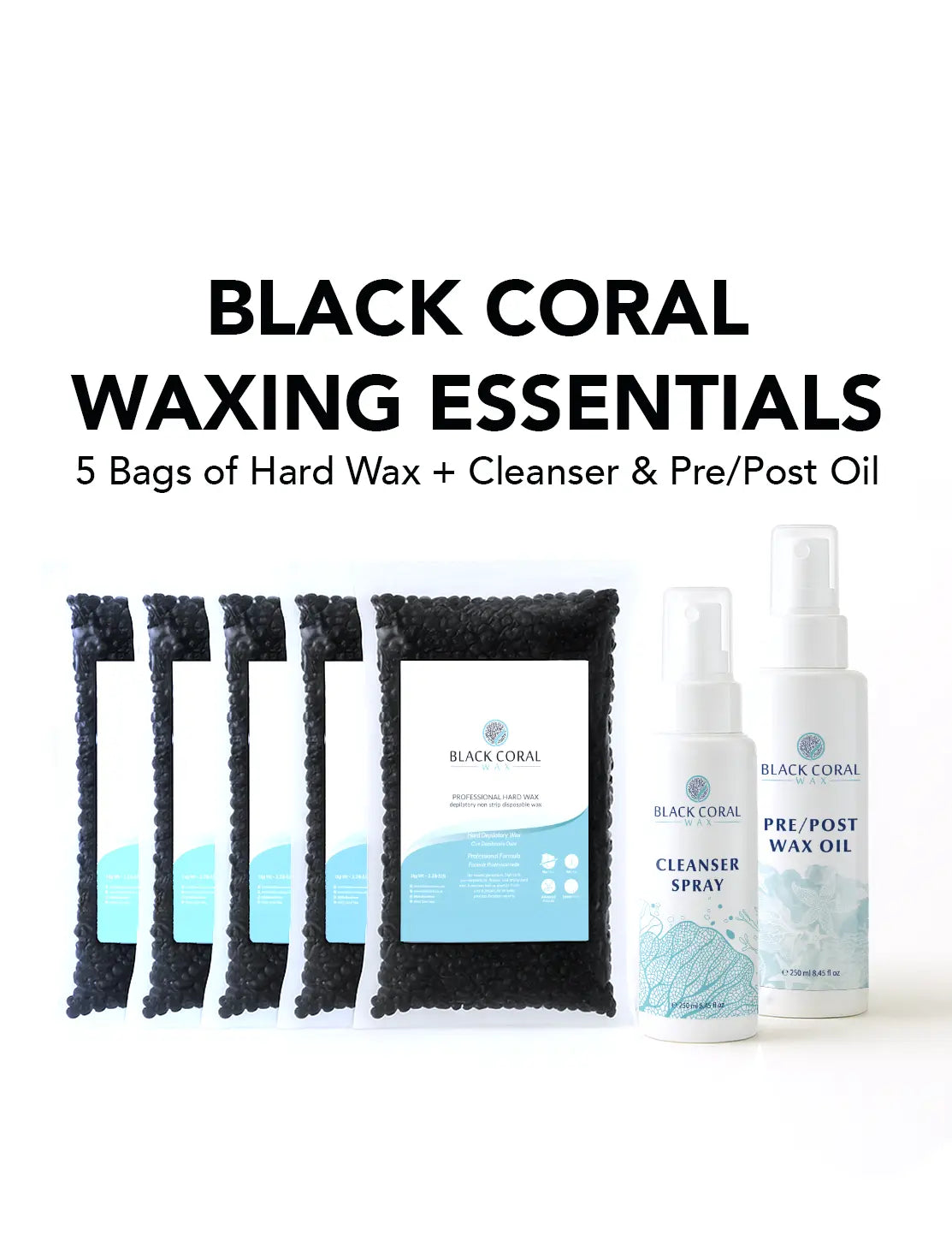 Black Coral Waxing Kit – 5 Bags of Hard Wax + Cosmetics (Cleanser & Pre/Post Oil) - Black Coral Wax USA