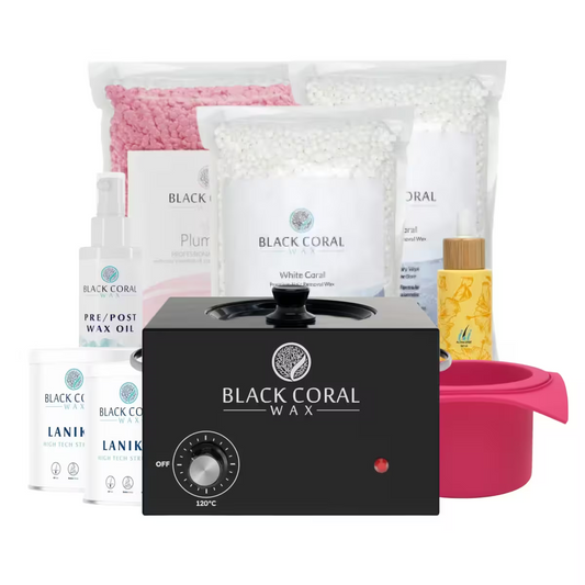 The Black Coral Wax USA Full Body Pro Kit includes a wax warmer, pink and white wax beads, pre/post wax oil, wooden spatulas, a pink silicone pot, and wax strips—ideal for easy full body waxing at home.