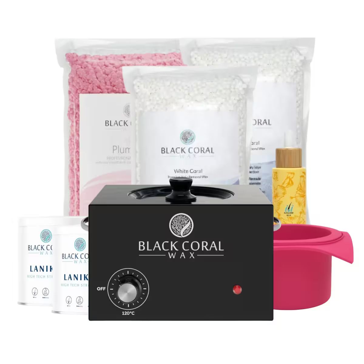 The Full Body Pro Kit by Black Coral Wax USA includes a sleek black wax warmer, pink and white wax beads, two LANIKA cans, oil, and a pink silicone bowl—all arranged against a clean white background.