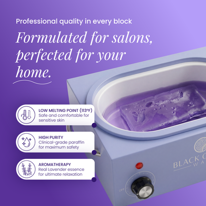 Black Coral Wax USA Paraffin Wax 1 lb - Lavender melts at 113°F in a purple warmer, offering high purity, soothing aromatherapy, and salon-quality pain relief for home use.