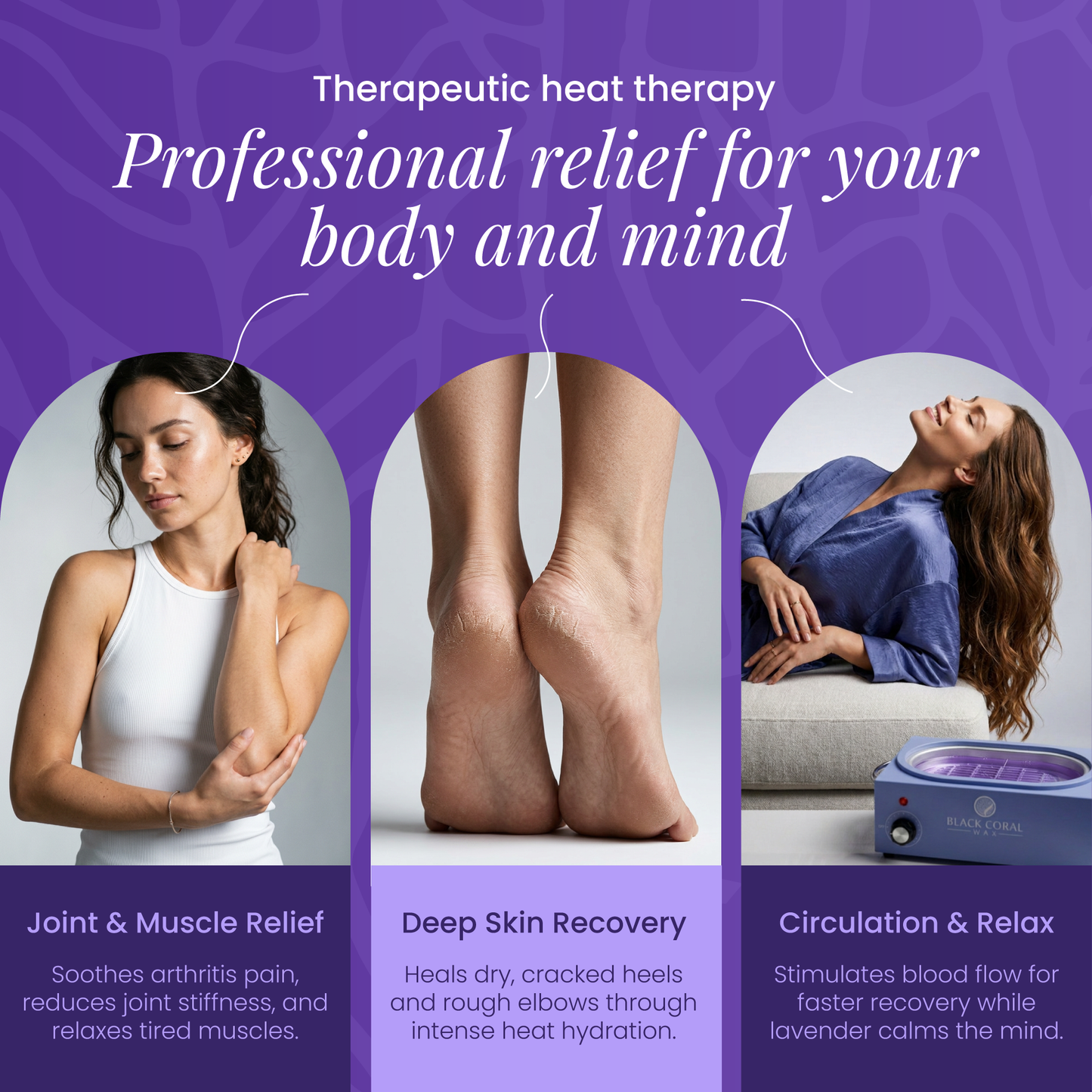 A promo graphic for Black Coral Wax USA’s Paraffin Wax 1 lb - Lavender shows a woman massaging her shoulder, feet in paraffin wax, and a woman using heat therapy on a couch. Text highlights benefits for joints, skin recovery, and relaxation.