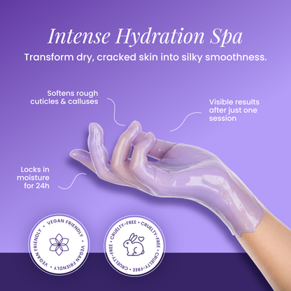 A hand coated in Black Coral Wax USA's Paraffin Wax 1 lb - Lavender shows softened cuticles, 24h moisture, and visible results after one use. Icons highlight it's vegan, cruelty-free, and safe.