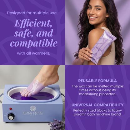 A woman smiles holding Black Coral Wax USA's Paraffin Wax 1 lb - Lavender. Another image shows a foot dipped in melted wax in a purple paraffin bath. Text highlights its efficiency, safety, reusability, and compatibility.