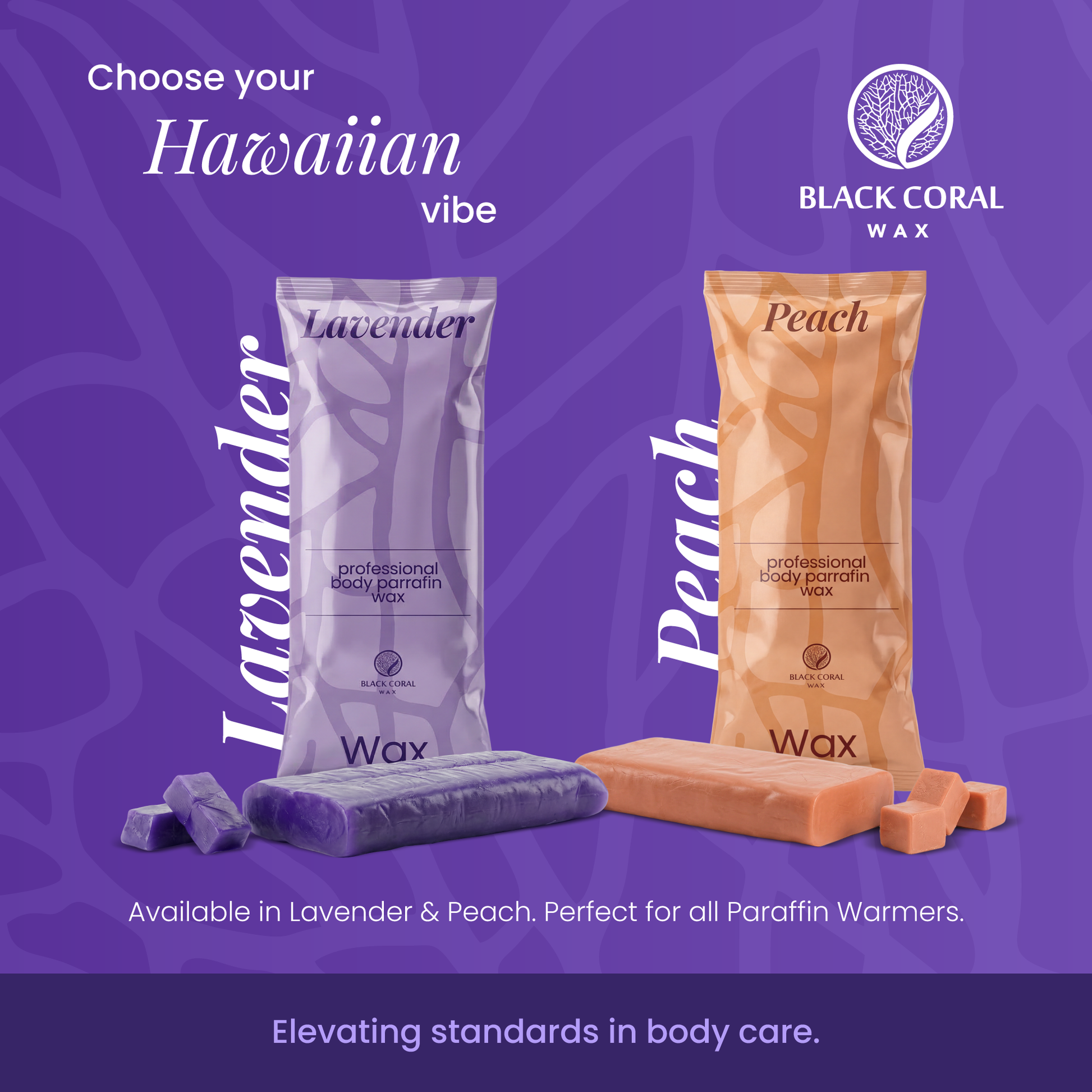 Two bags of Black Coral Wax USA Paraffin Wax 1 lb - Lavender and Peach stand upright with matching wax blocks in front. Text highlights Lavender and Peach scents for therapeutic pain relief. Purple background with branding.