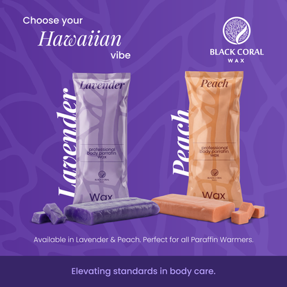 Two bags of Black Coral Wax USA Paraffin Wax 1 lb - Lavender and Peach stand upright with matching wax blocks in front. Text highlights Lavender and Peach scents for therapeutic pain relief. Purple background with branding.
