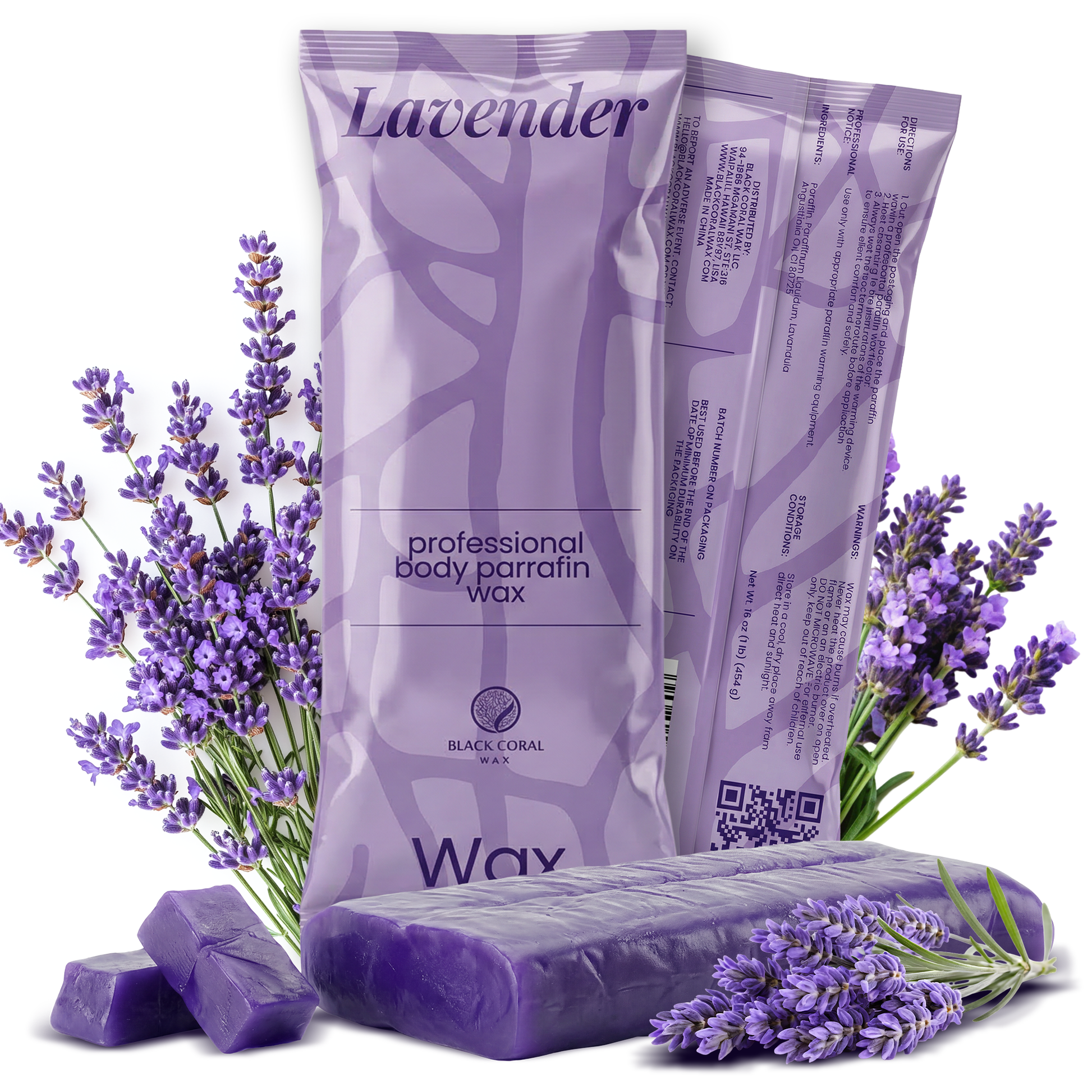 Two purple packets of Black Coral Wax USA Paraffin Wax 1 lb - Lavender are shown with lavender flowers and wax blocks, highlighting this soothing, lavender-infused paraffin wax for therapeutic pain relief and a spa-like experience.