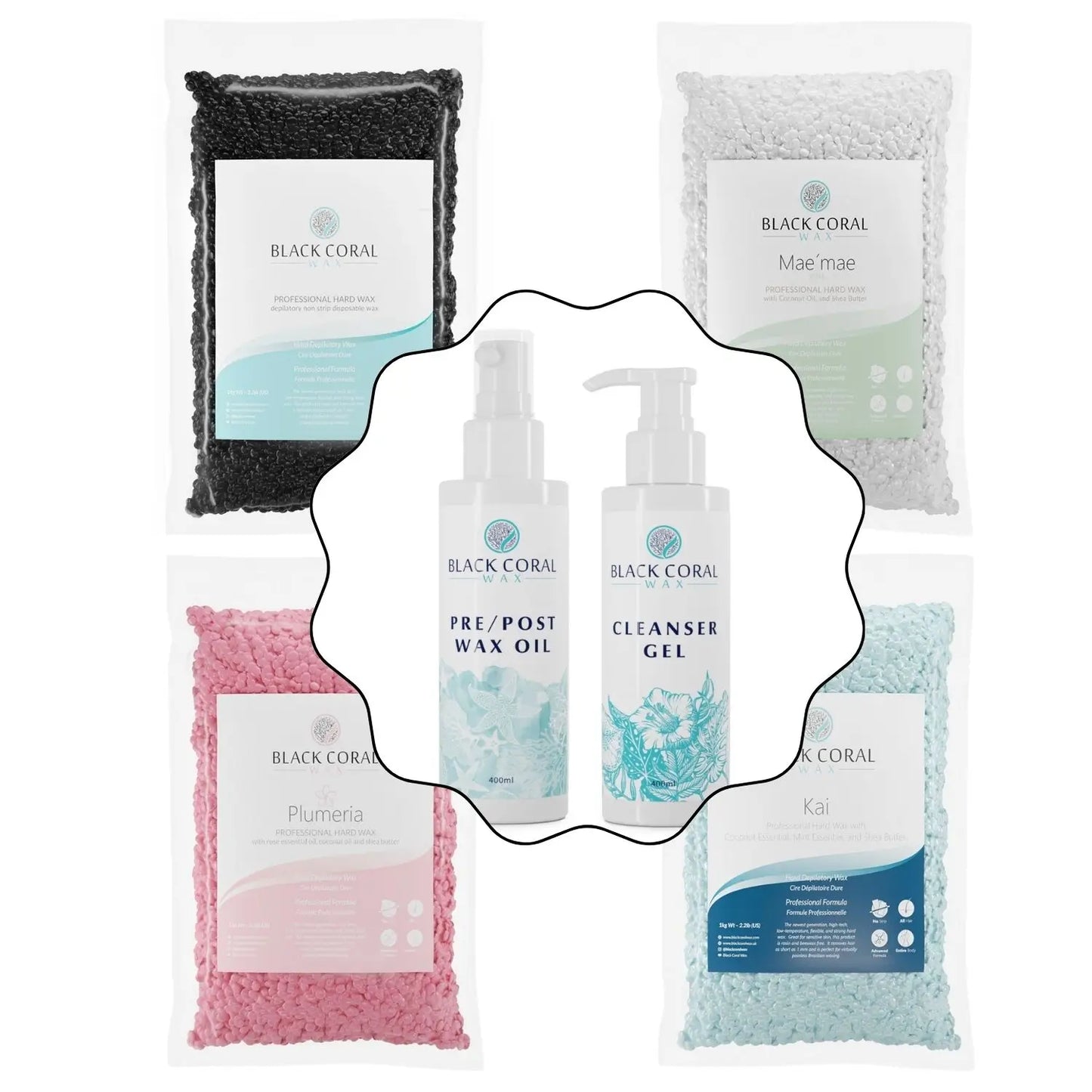 The Black Coral Wax USA Starter KIT - Hard Wax + Cosmetics includes bags of blue, pink, black, and white wax beads and two bottles: Pre/Post Wax Oil and Cleanser Gel, offering all pre/post care essentials for effective hair removal.