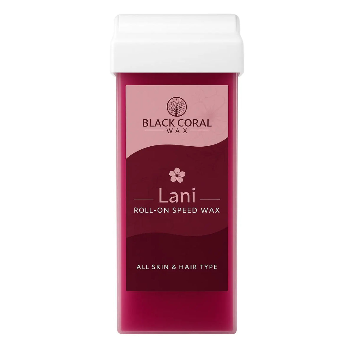 A container of Lani Roll-On SpeedWax by Black Coral Wax USA, suitable for all skin and hair types, with a red label featuring a floral design and a white cap.