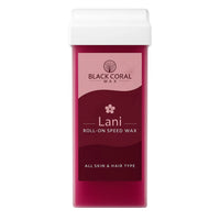 A container of Lani Roll-On SpeedWax by Black Coral Wax USA, suitable for all skin and hair types, with a red label featuring a floral design and a white cap.