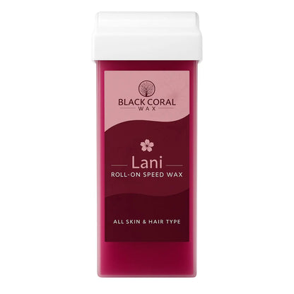 A container of Lani Roll-On SpeedWax by Black Coral Wax USA, suitable for all skin and hair types, with a red label featuring a floral design and a white cap.