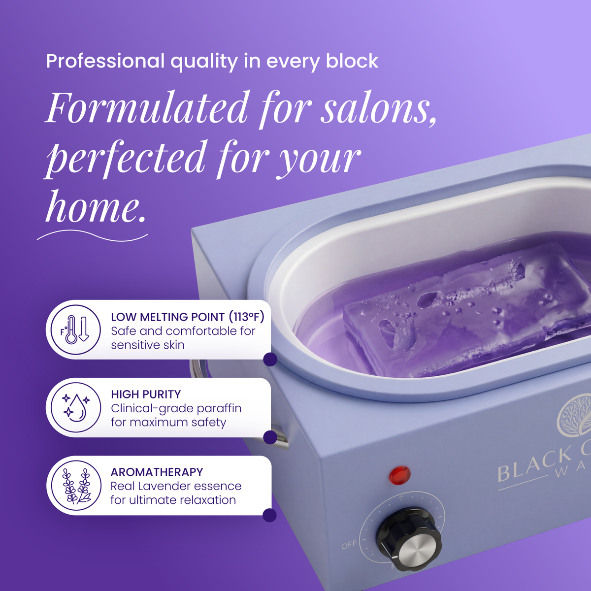 The Black Coral Wax USA Lavender Paraffin Wax Refills – Moisturizing Paraffin Bath Wax for Hands & Feet (1 lb) melt easily in a light purple heater, releasing calming lavender aromatherapy. Featuring a low melting point and high purity, these refills deliver deep hydration and soothing heat therapy for both salon and home treatments.