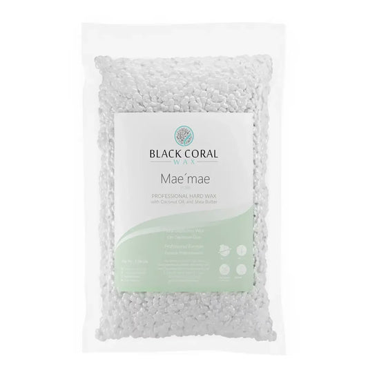 A clear plastic bag filled with white wax beads from Black Coral Wax USA, labeled Mae Mae Waxing Kit – 5 Bags of Hard Wax + Cosmetics (Cleanser & Pre/Post Oil), promises hypoallergenic waxing for flawless results. Packaging shows details and branding.