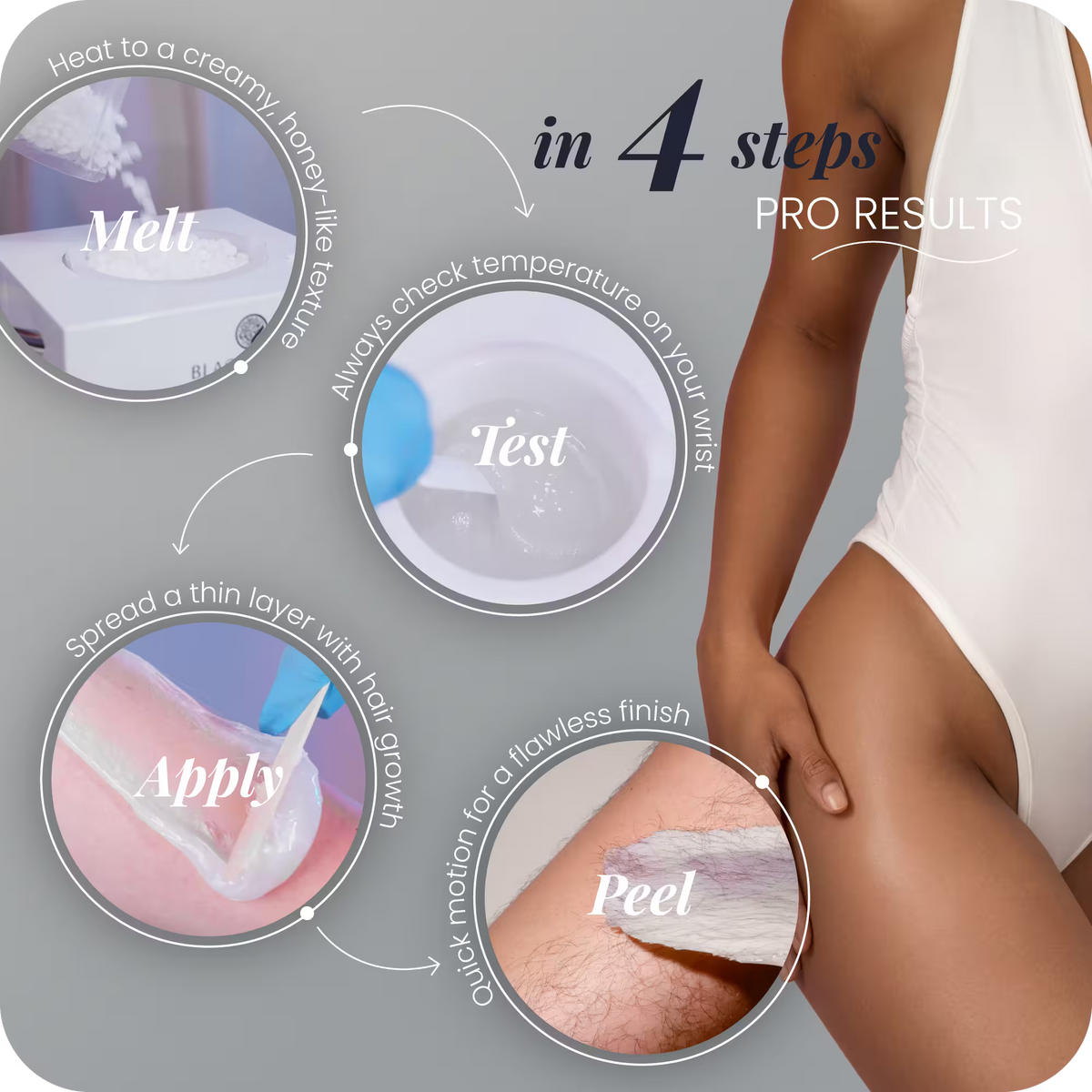 How to use Mae'mae hard wax – 4 steps: melt to creamy texture, test temperature, apply with growth, peel for smooth skin