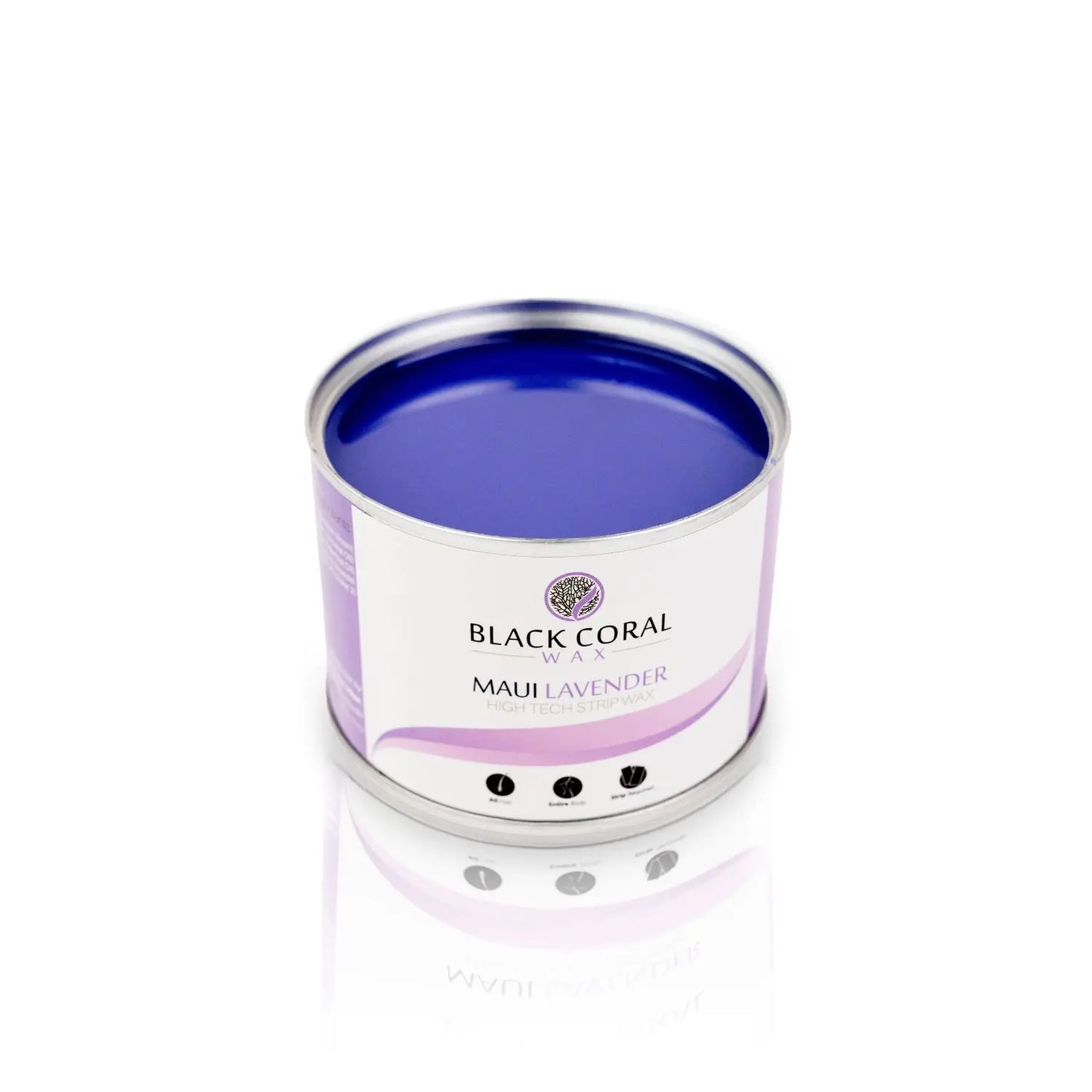 A tin of Black Coral Wax USAs Maui Lavender Soft Wax, enriched with lavender essential oil, boasts a deep purple color and creamy texture. Its label features a lavender graphic with the product name, resting on a white reflective surface.