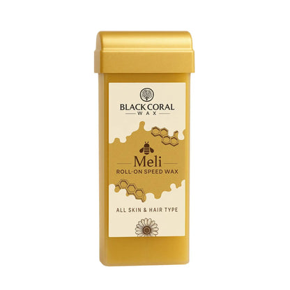 A yellow container labeled Meli Roll-On SpeedWax from Black Coral Wax USA.