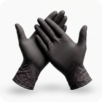 Two hands wearing Black Coral Wax USA Nitrile Gloves 100pcs - Powder-Free & Latex-Free Disposable Gloves are crossed at the wrists against a plain white background.