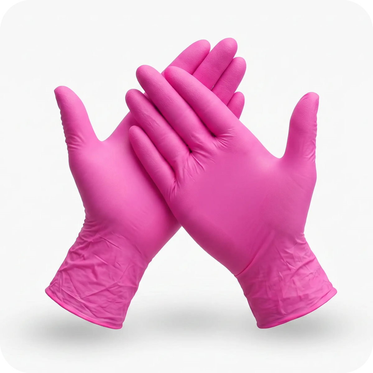 Two hands wearing Black Coral Wax USA Nitrile Gloves 100pcs - Powder-Free & Latex-Free Disposable Gloves in bright pink are crossed at the wrists against a plain white background.