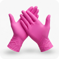 Two hands wearing Black Coral Wax USA Nitrile Gloves 100pcs - Powder-Free & Latex-Free Disposable Gloves in bright pink are crossed at the wrists against a plain white background.