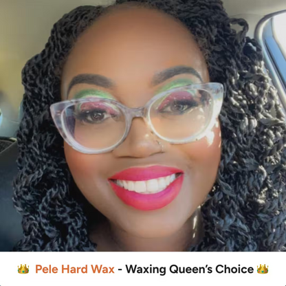 A smiling woman with curly black hair, bright eye makeup, red lipstick, and clear glasses sits in a car. Text reads: Black Coral Wax USA Pele Hard Wax Beads – The Queen’s Choice for Coarse Hair. 👑.