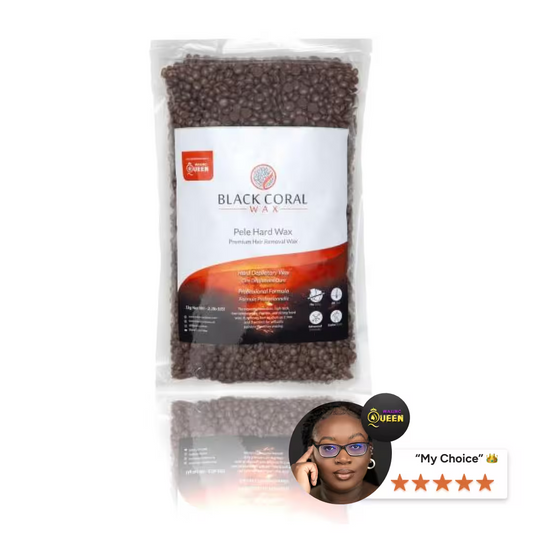 A clear bag of Pele Hard Wax Beads by Black Coral Wax USA for coarse hair, with a white and orange label, five-star rating, “My Choice” text, crown icon, and a woman wearing glasses.