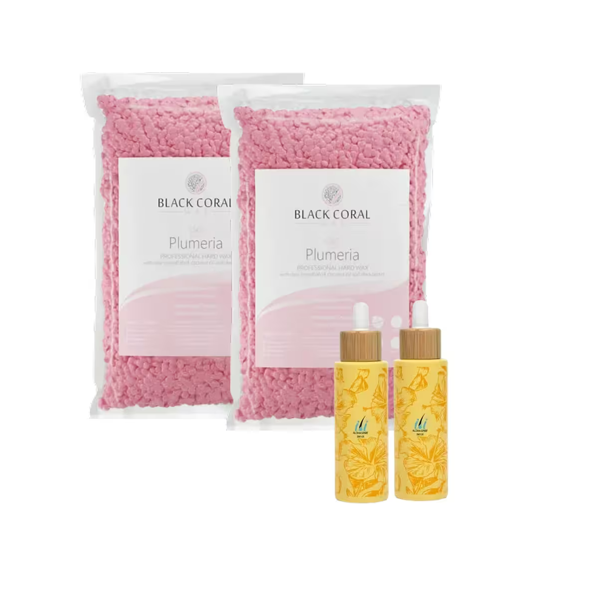 Two bags of the Sensitive Skin Kit by Black Coral Wax USA are set behind two small dropper bottles with yellow floral designs, all arranged on a white background.