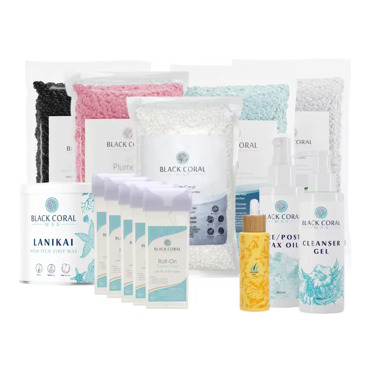 The Black Coral Wax USA Training Academy Kit includes multicolor wax beads, cleanser gel, pre/post step wipes, roll-on cartridges, and a floral yellow bottle, all beautifully arranged on a white background.
