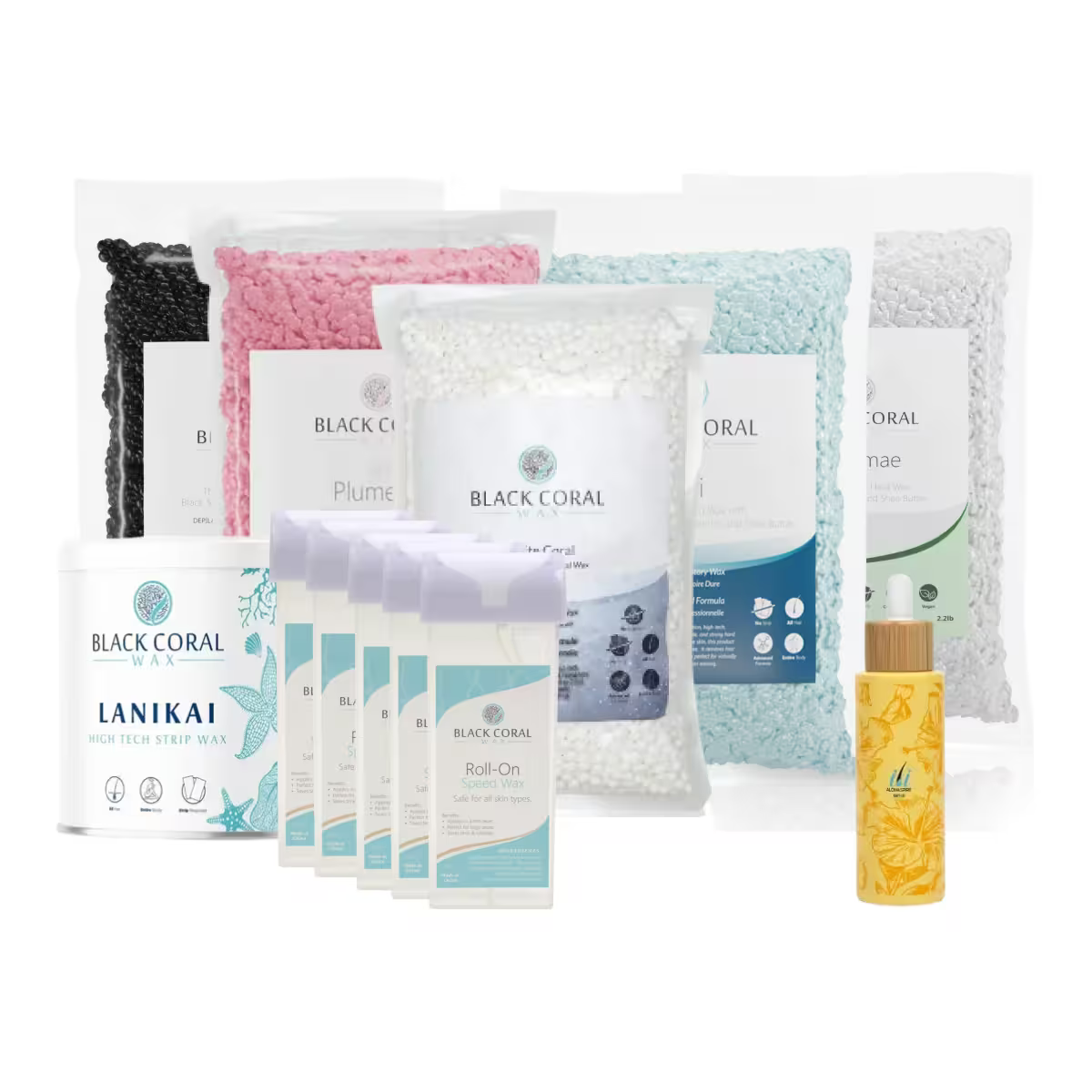 The Black Coral Wax USA Training Academy Kit, featuring colorful wax bead bags, a tin container, roll-on cartridges, and a yellow floral bottle—ideal for professional waxing—is arranged against a white background.