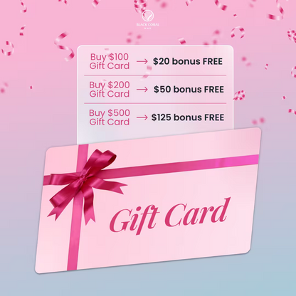 A pink Gift Card from Black Coral Wax USA with a ribbon offers bonuses: buy $100, get $20 free; buy $200, get $50 free; buy $500, get $125 free. Pink confetti falls in the background. Black Coral logo at the top.
