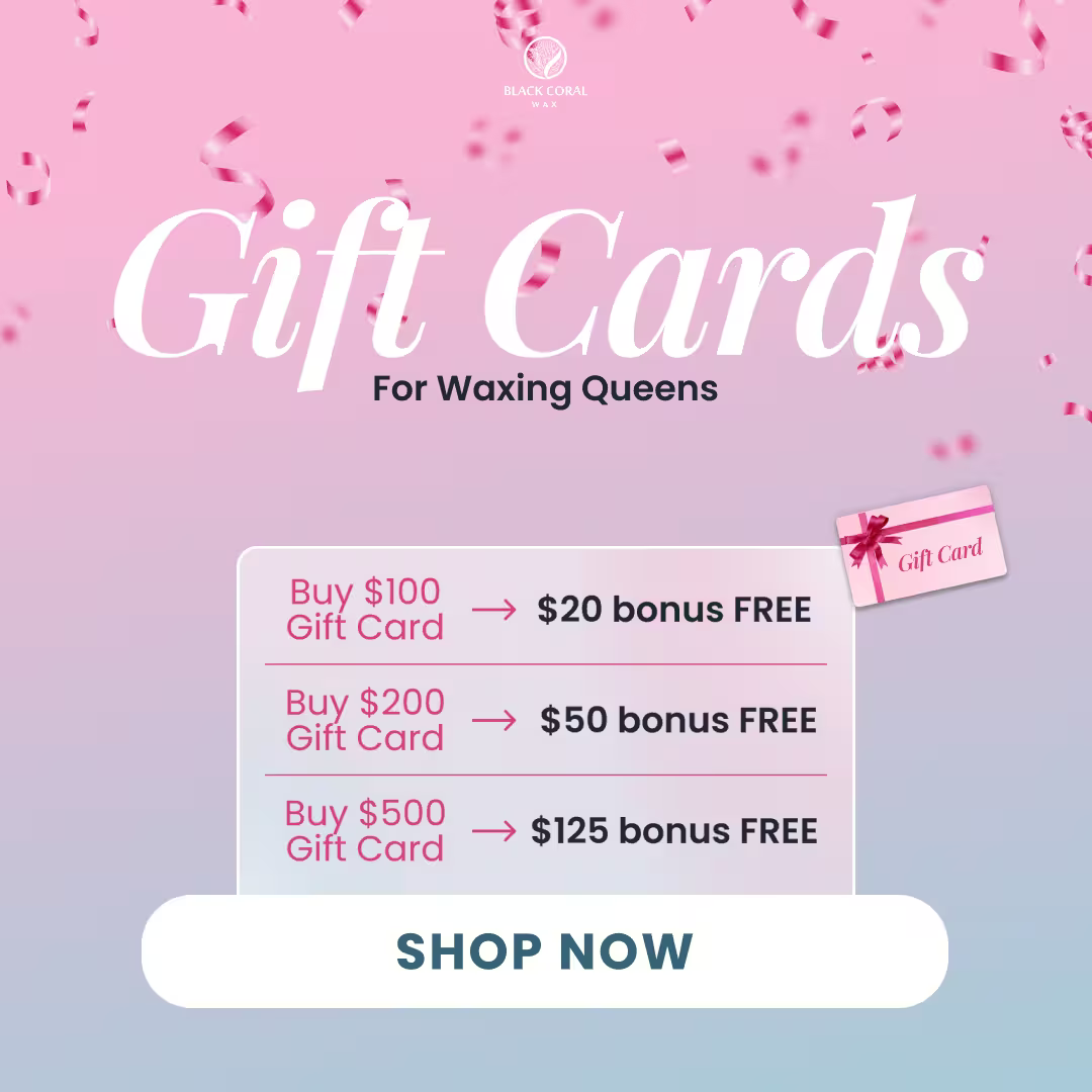 Promotional image with pink confetti background advertises Black Coral Wax USA Gift Cards with bonus amounts for $100, $200, or $500 purchases. Shop Now button featured at the bottom.