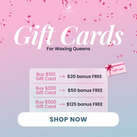 Promotional image with pink confetti background advertises Black Coral Wax USA Gift Cards with bonus amounts for $100, $200, or $500 purchases. Shop Now button featured at the bottom.