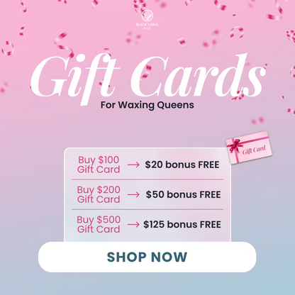 Promotional image with pink confetti background advertises Black Coral Wax USA Gift Cards with bonus amounts for $100, $200, or $500 purchases. Shop Now button featured at the bottom.