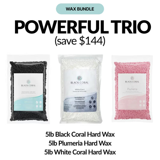 The Fall Workhouse Kit by Black Coral Wax USA includes 5lb bags of Black Coral, Plumeria, and White Coral hard wax beads—ideal for sensitive skin. This POWERFUL TRIO (save $144) is perfect for professional waxing.
