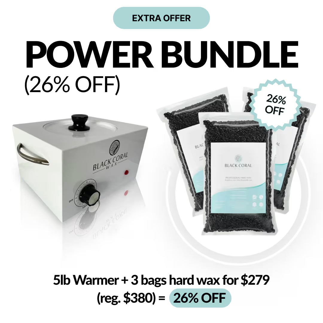 Promotional image for the Black Coral Wax USA POWER BUNDLE: Get 26% off a pro waxing set with a 5lb wax warmer and 3 bags of hard wax for $279 (regularly $380). Both the warmer and three wax bags are shown.